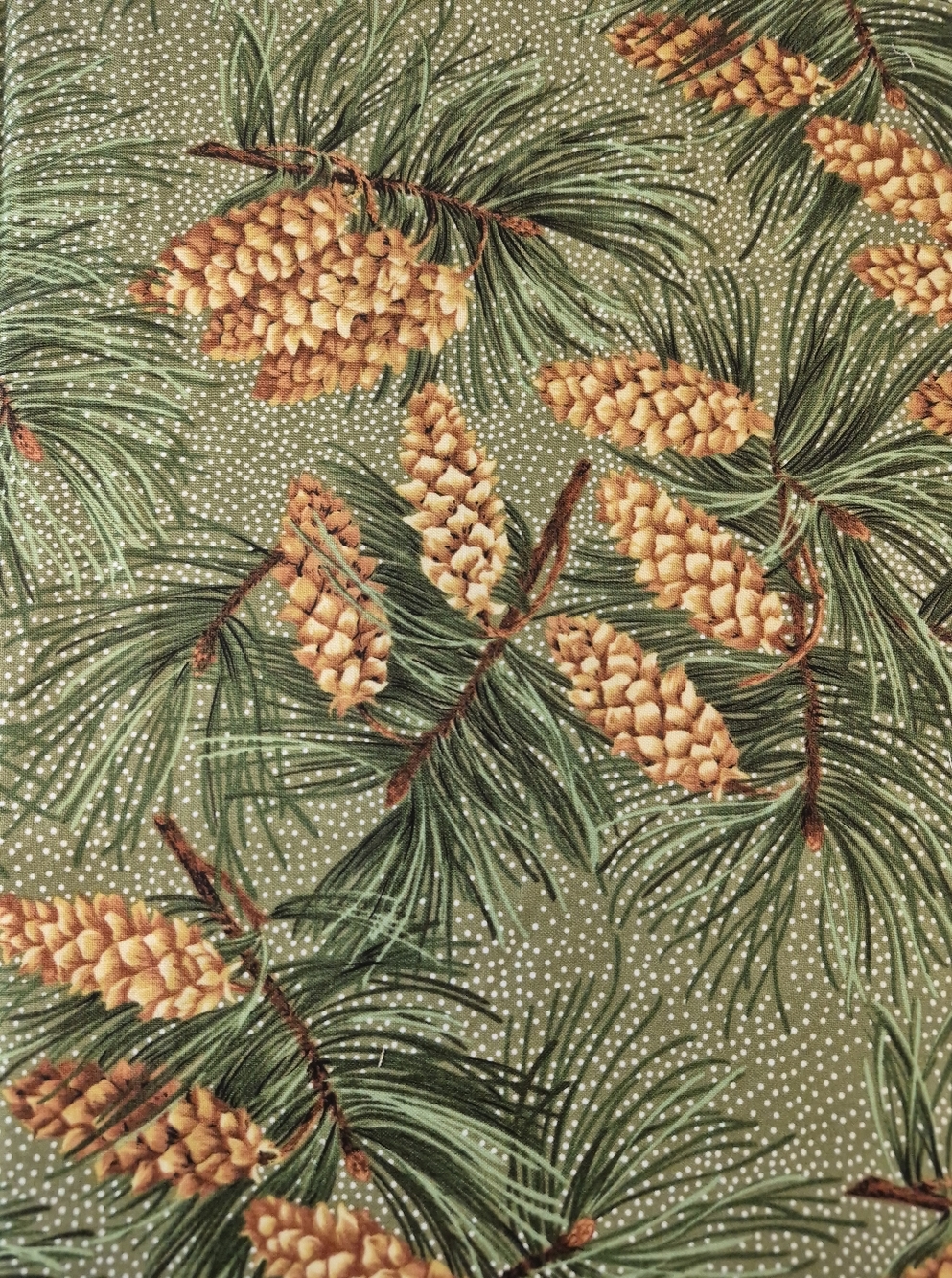 White Pinecone & Tassel Fabric Susan Ellis 21.5 x 42 Winter Pine Print